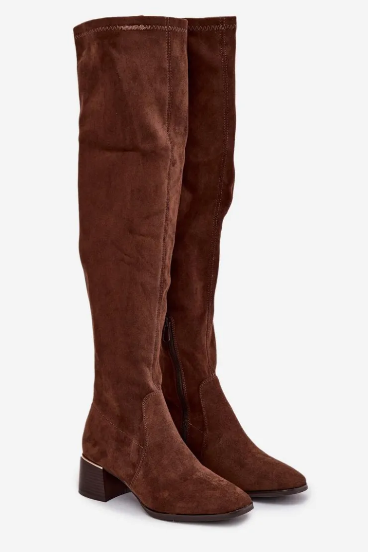 Damskie Boto Kozaki Damskie Za Kolano Na Obcasie Ze Złotym Detalem Brązowe Carina