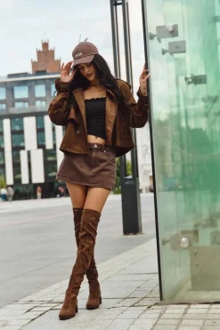 Damskie Boto Kozaki Damskie Za Kolano Na Obcasie Ze Złotym Detalem Brązowe Carina