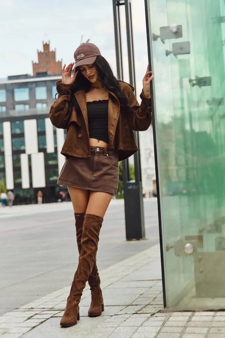 Damskie Boto Kozaki Damskie Za Kolano Na Obcasie Ze Złotym Detalem Brązowe Carina