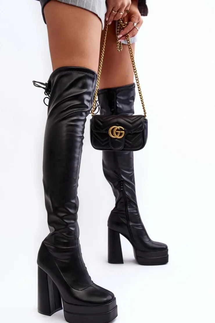 Damskie Boto Kozaki Damskie Za Kolano Na Platformie I Wysokim Słupku Czarne Yoge