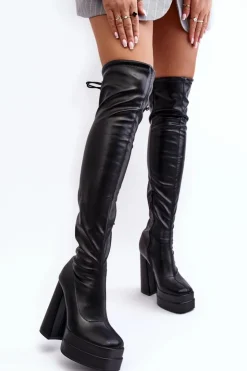 Damskie Boto Kozaki Damskie Za Kolano Na Platformie I Wysokim Słupku Czarne Yoge