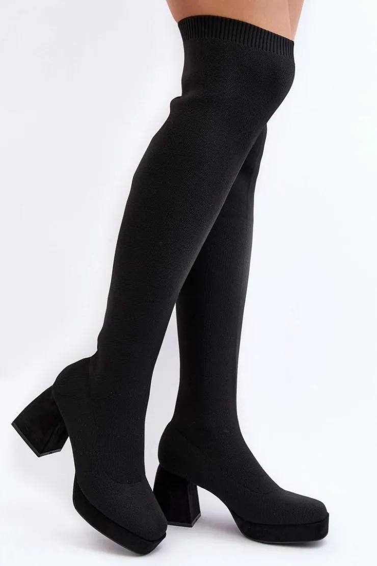 Damskie Boto Kozaki Damskie Za Kolano Na Platformie I Obcasie Czarne Manaliis