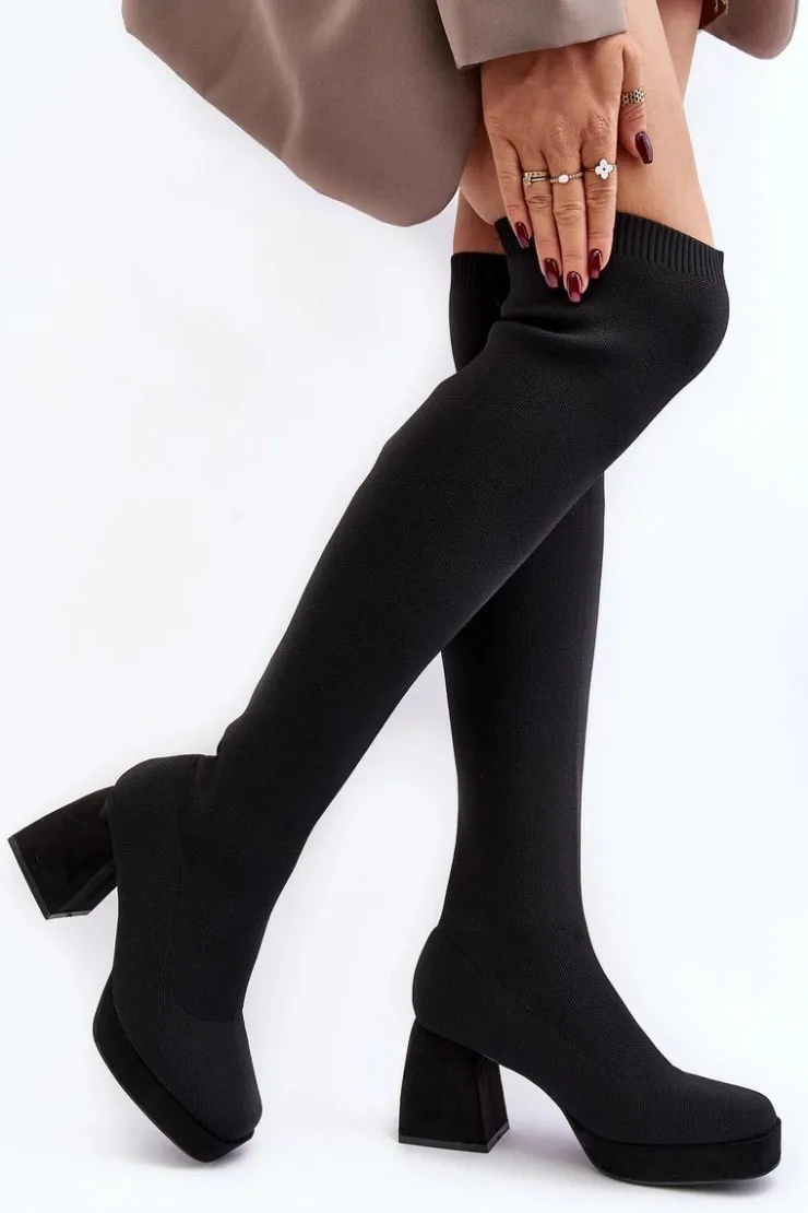 Damskie Boto Kozaki Damskie Za Kolano Na Platformie I Obcasie Czarne Manaliis