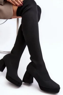 Damskie Boto Kozaki Damskie Za Kolano Na Platformie I Obcasie Czarne Manaliis