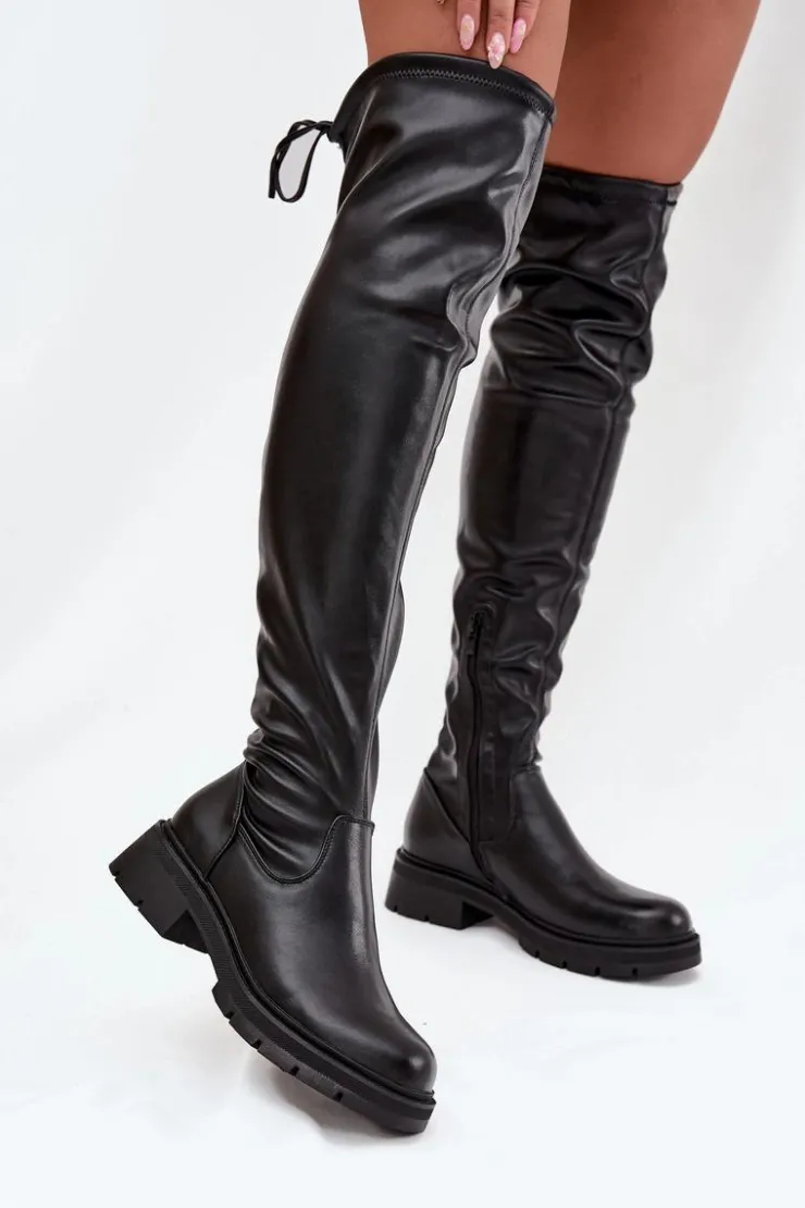 Damskie Boto Kozaki Damskie Za Kolano Z Wiązaniem Czarne Rylissa