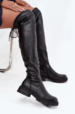 Damskie Boto Kozaki Damskie Za Kolano Z Wiązaniem Czarne Rylissa