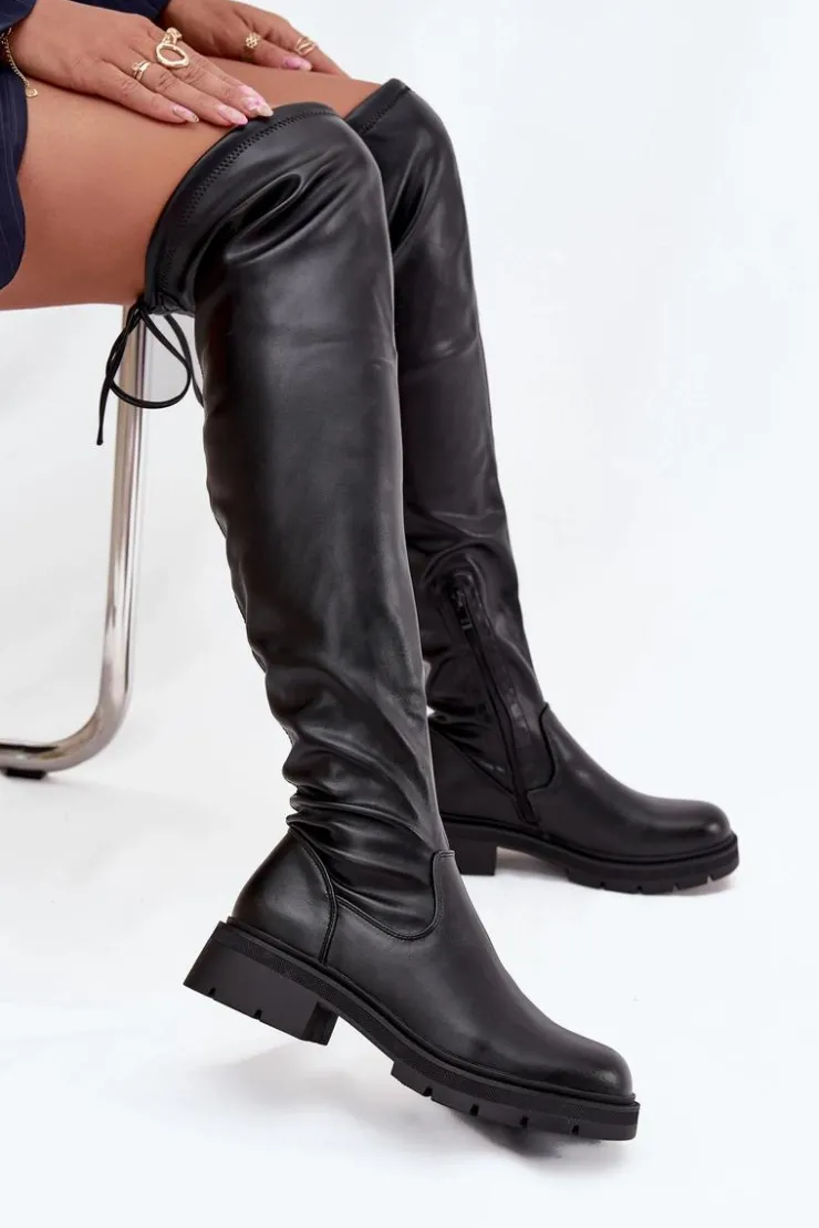 Damskie Boto Kozaki Damskie Za Kolano Z Wiązaniem Czarne Rylissa