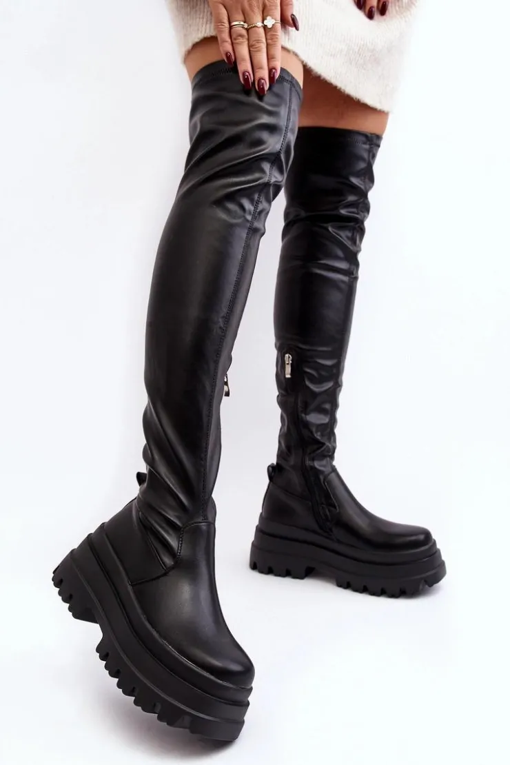 Boto Muszkieterki|Kozaki Za Kolano*Kozaki Damskie Za Kolano Na Masywnej Podeszwie Czarne Chinasa