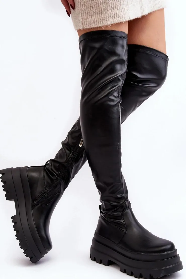 Boto Muszkieterki|Kozaki Za Kolano*Kozaki Damskie Za Kolano Na Masywnej Podeszwie Czarne Chinasa