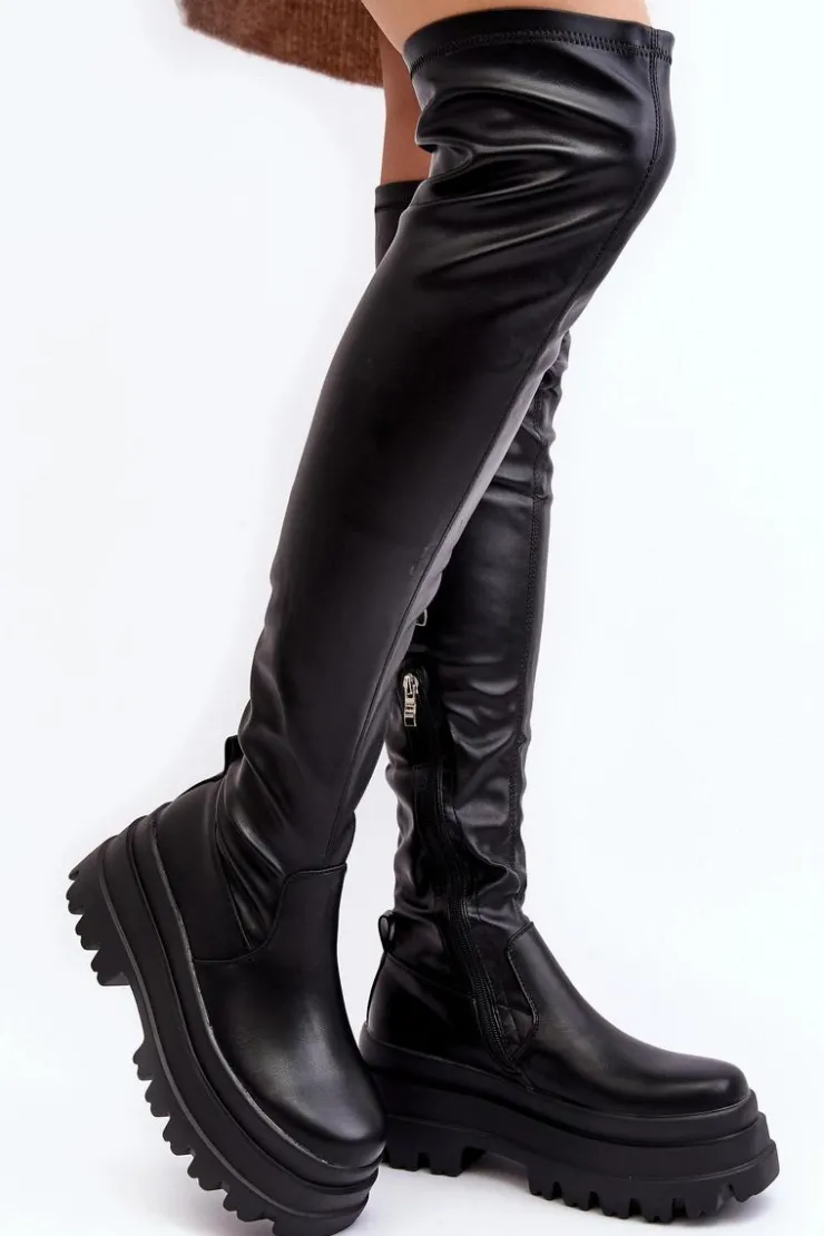 Boto Muszkieterki|Kozaki Za Kolano*Kozaki Damskie Za Kolano Na Masywnej Podeszwie Czarne Chinasa