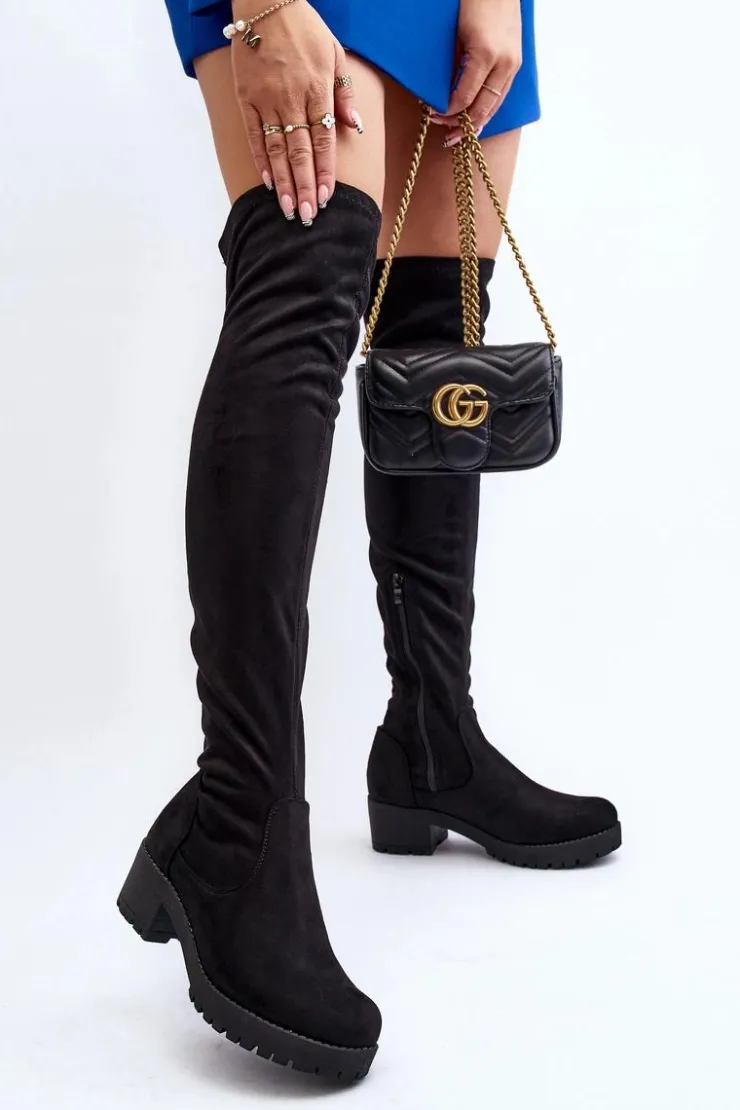 Damskie Boto Kozaki Damskie Za Kolano Na Niskim Obcasie Czarne Berrinda