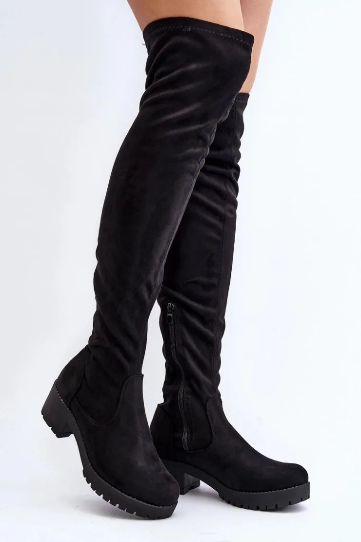Damskie Boto Kozaki Damskie Za Kolano Na Niskim Obcasie Czarne Berrinda