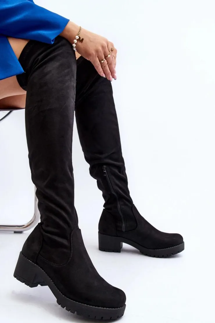 Damskie Boto Kozaki Damskie Za Kolano Na Niskim Obcasie Czarne Berrinda