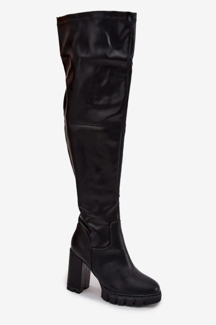 Damskie Boto Kozaki Damskie Za Kolano Na Słupku Eko Skórzane Czarne Tahlina