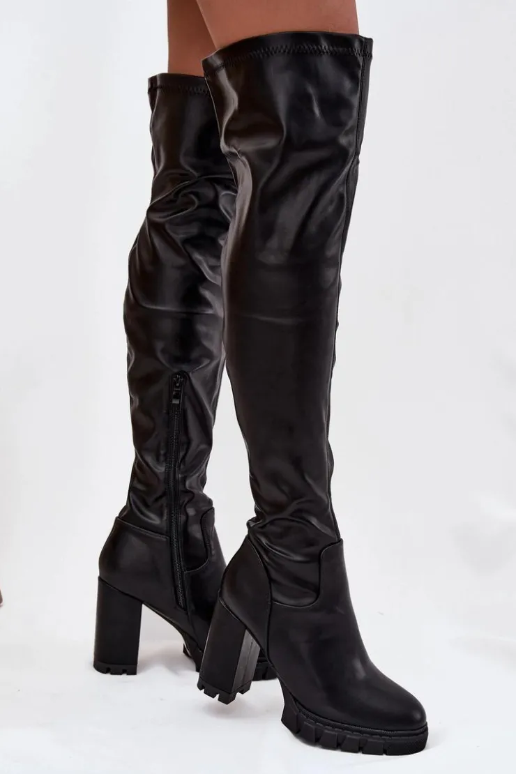 Damskie Boto Kozaki Damskie Za Kolano Na Słupku Eko Skórzane Czarne Tahlina