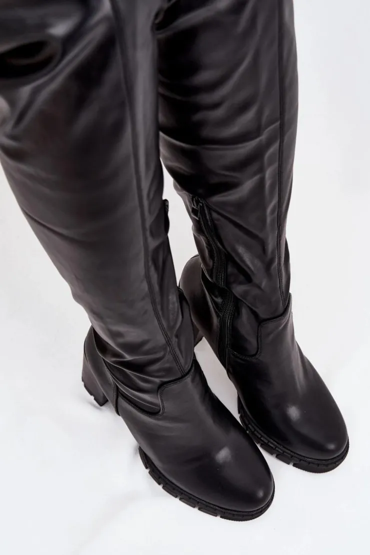 Damskie Boto Kozaki Damskie Za Kolano Na Słupku Eko Skórzane Czarne Tahlina