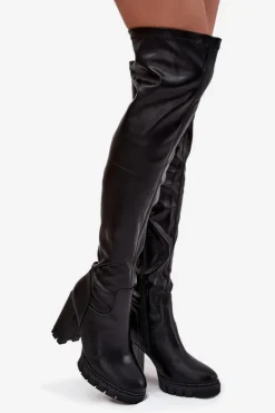 Damskie Boto Kozaki Damskie Za Kolano Na Słupku Eko Skórzane Czarne Tahlina