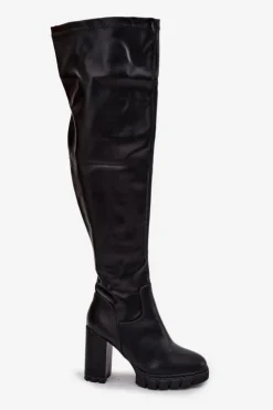 Damskie Boto Kozaki Damskie Za Kolano Na Słupku Eko Skórzane Czarne Tahlina