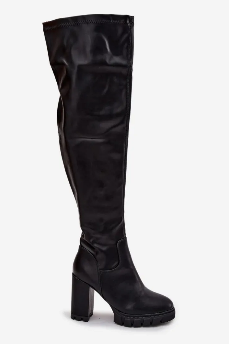 Damskie Boto Kozaki Damskie Za Kolano Na Słupku Eko Skórzane Czarne Tahlina