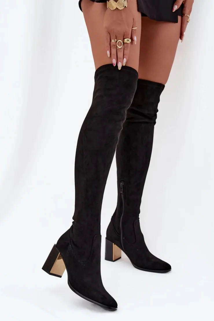 Boto Kozaki Ocieplane|Muszkieterki*Kozaki Damskie Za Kolano Na Słupku Eko Zamszowe Czarne Jelina