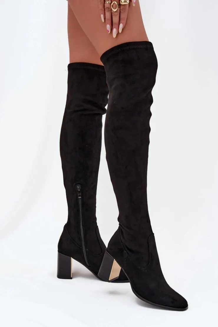 Boto Kozaki Ocieplane|Muszkieterki*Kozaki Damskie Za Kolano Na Słupku Eko Zamszowe Czarne Jelina