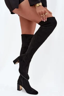 Boto Kozaki Ocieplane|Muszkieterki*Kozaki Damskie Za Kolano Na Słupku Eko Zamszowe Czarne Jelina