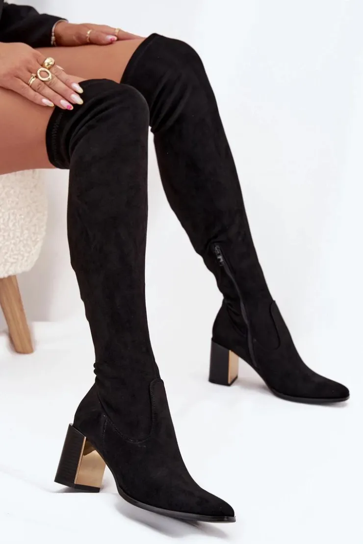 Boto Kozaki Ocieplane|Muszkieterki*Kozaki Damskie Za Kolano Na Słupku Eko Zamszowe Czarne Jelina