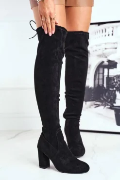 Clearance Boto Kozaki Damskie Zamszowe Na Słupku Czarne Highso