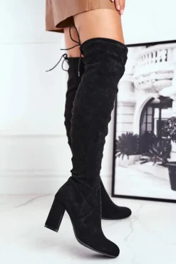 Clearance Boto Kozaki Damskie Zamszowe Na Słupku Czarne Highso