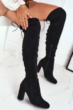 Clearance Boto Kozaki Damskie Zamszowe Na Słupku Czarne Highso