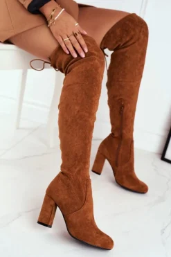 Damskie Boto Kozaki Damskie Zamszowe Na Słupku Camel Highso