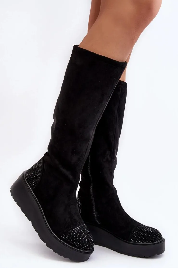 Damskie Damskie buty S.Barski Kozaki Damskie Zamszowe Na Platformie S.Barski HY53-8 Czarne