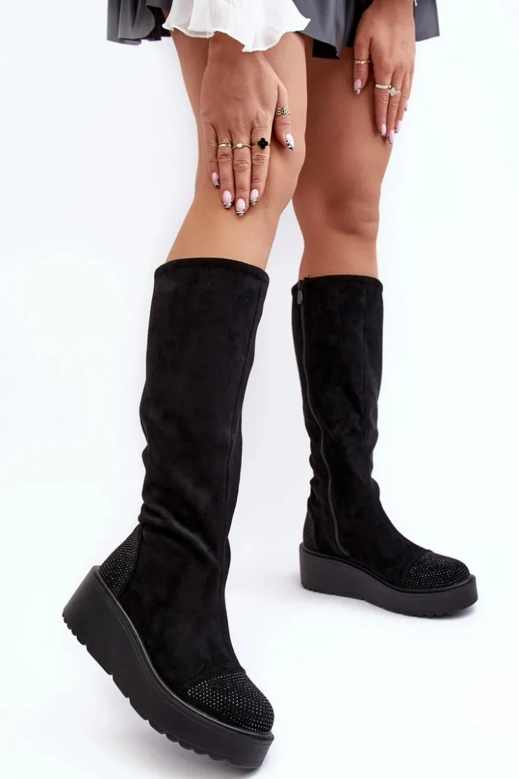 Damskie Damskie buty S.Barski Kozaki Damskie Zamszowe Na Platformie S.Barski HY53-8 Czarne