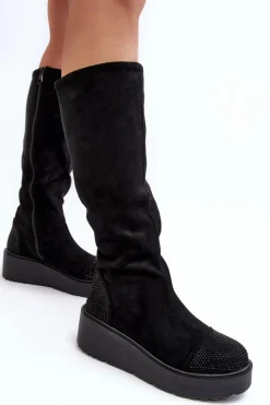 Damskie Damskie buty S.Barski Kozaki Damskie Zamszowe Na Platformie S.Barski HY53-8 Czarne