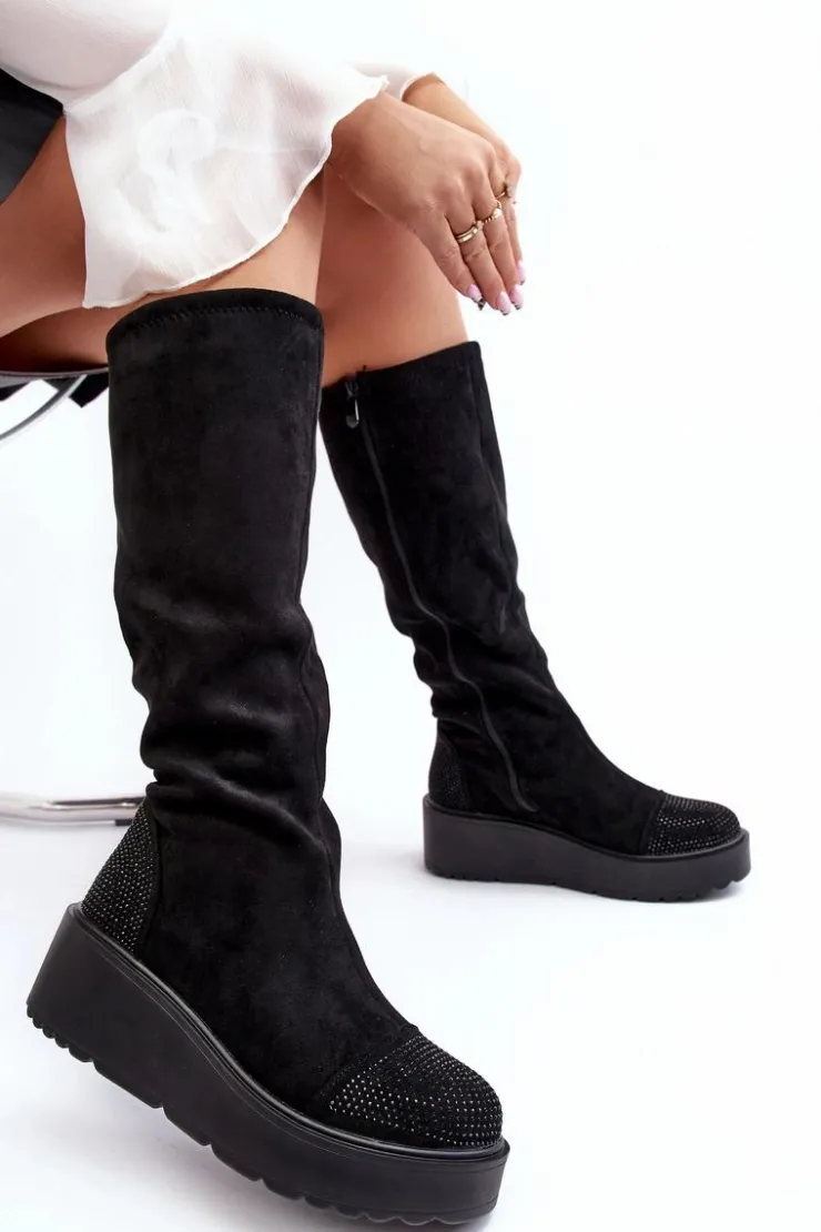 Damskie Damskie buty S.Barski Kozaki Damskie Zamszowe Na Platformie S.Barski HY53-8 Czarne