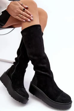 Damskie Damskie buty S.Barski Kozaki Damskie Zamszowe Na Platformie S.Barski HY53-8 Czarne