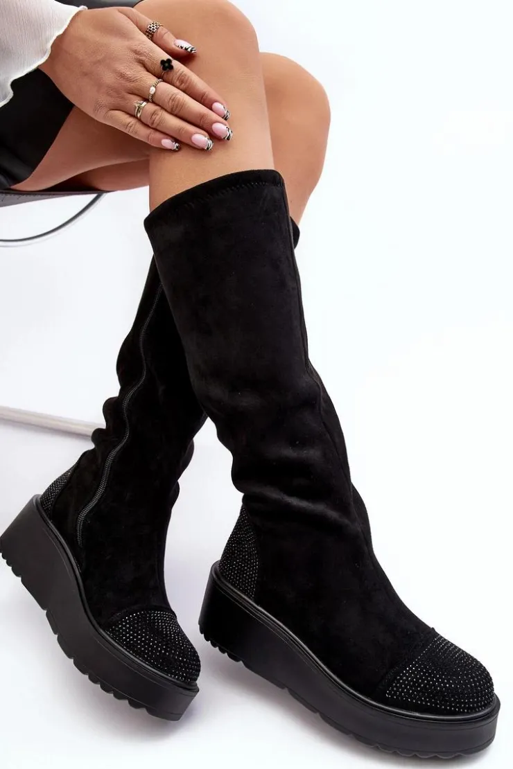 Damskie Damskie buty S.Barski Kozaki Damskie Zamszowe Na Platformie S.Barski HY53-8 Czarne