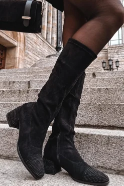 Boto Kozaki Ocieplane|Kozaki Na Słupku*Kozaki Damskie Ze Zdobieniem Na Klocku Eko Zamszowe Czarne Ivanna Czarny