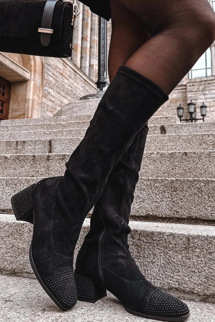 Boto Kozaki Ocieplane|Kozaki Na Słupku*Kozaki Damskie Ze Zdobieniem Na Klocku Eko Zamszowe Czarne Ivanna Czarny