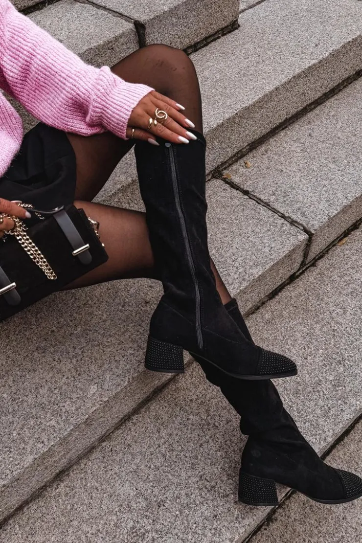 Boto Kozaki Ocieplane|Kozaki Na Słupku*Kozaki Damskie Ze Zdobieniem Na Klocku Eko Zamszowe Czarne Ivanna Czarny