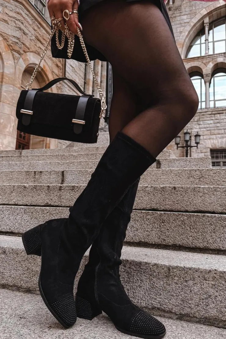 Boto Kozaki Ocieplane|Kozaki Na Słupku*Kozaki Damskie Ze Zdobieniem Na Klocku Eko Zamszowe Czarne Ivanna Czarny