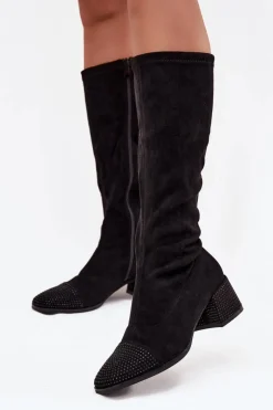 Boto Kozaki Ocieplane|Kozaki Na Słupku*Kozaki Damskie Ze Zdobieniem Na Klocku Eko Zamszowe Czarne Ivanna Czarny