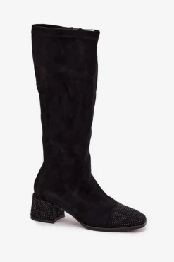 Boto Kozaki Ocieplane|Kozaki Na Słupku*Kozaki Damskie Ze Zdobieniem Na Klocku Eko Zamszowe Czarne Ivanna Czarny