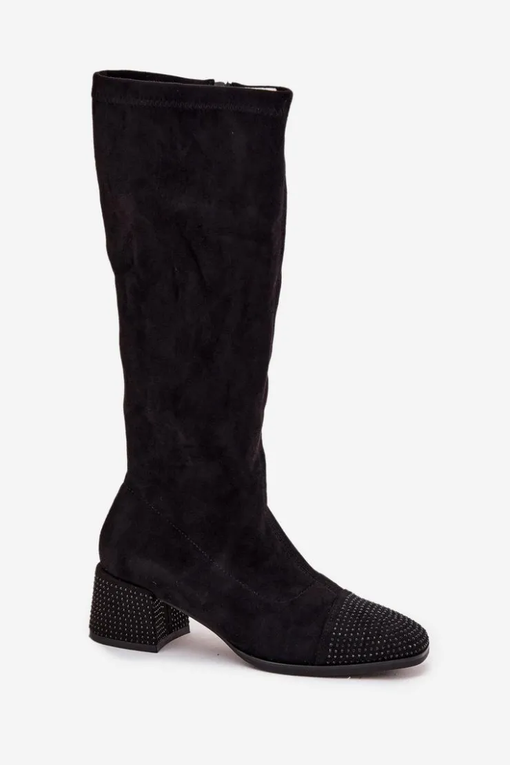 Boto Kozaki Ocieplane|Kozaki Na Słupku*Kozaki Damskie Ze Zdobieniem Na Klocku Eko Zamszowe Czarne Ivanna Czarny