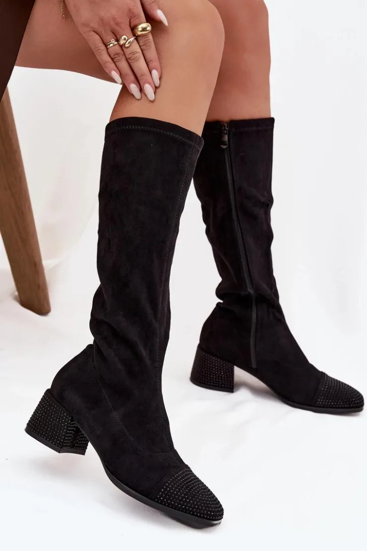 Boto Kozaki Ocieplane|Kozaki Na Słupku*Kozaki Damskie Ze Zdobieniem Na Klocku Eko Zamszowe Czarne Ivanna Czarny