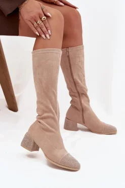 Discount Boto Kozaki Damskie Ze Zdobieniem Na Klocku Eko Zamszowe Beżowe Ivanna Beżowy