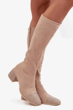 Discount Boto Kozaki Damskie Ze Zdobieniem Na Klocku Eko Zamszowe Beżowe Ivanna Beżowy