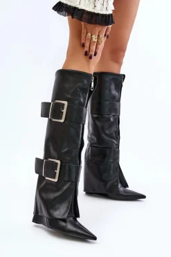 Best Boto Kozaki Do Kolana Na Koturnie Z Wywiniętą Cholewką I Klamrami Tamirla