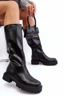 Sale Boto Kozaki Do Połowy Łydki Na Płaskim Obcasie Wsuwane Czarne Eamantha