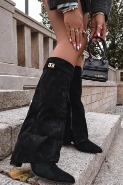 Damskie Boto Kozaki Eko Zamszowe Obcas Słupek Na Zamek Ocieplane Wywinięta Cholewka Beżowe Evyra